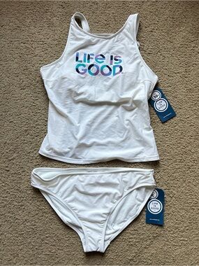 Life Is Good White Tankini Two Piece Logo Swimsuit